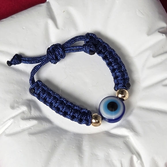 Blue Evil Eye Adjustable Ring Braided Cord Gold Beads NWT Protection Symbolism - Picture 3 of 4